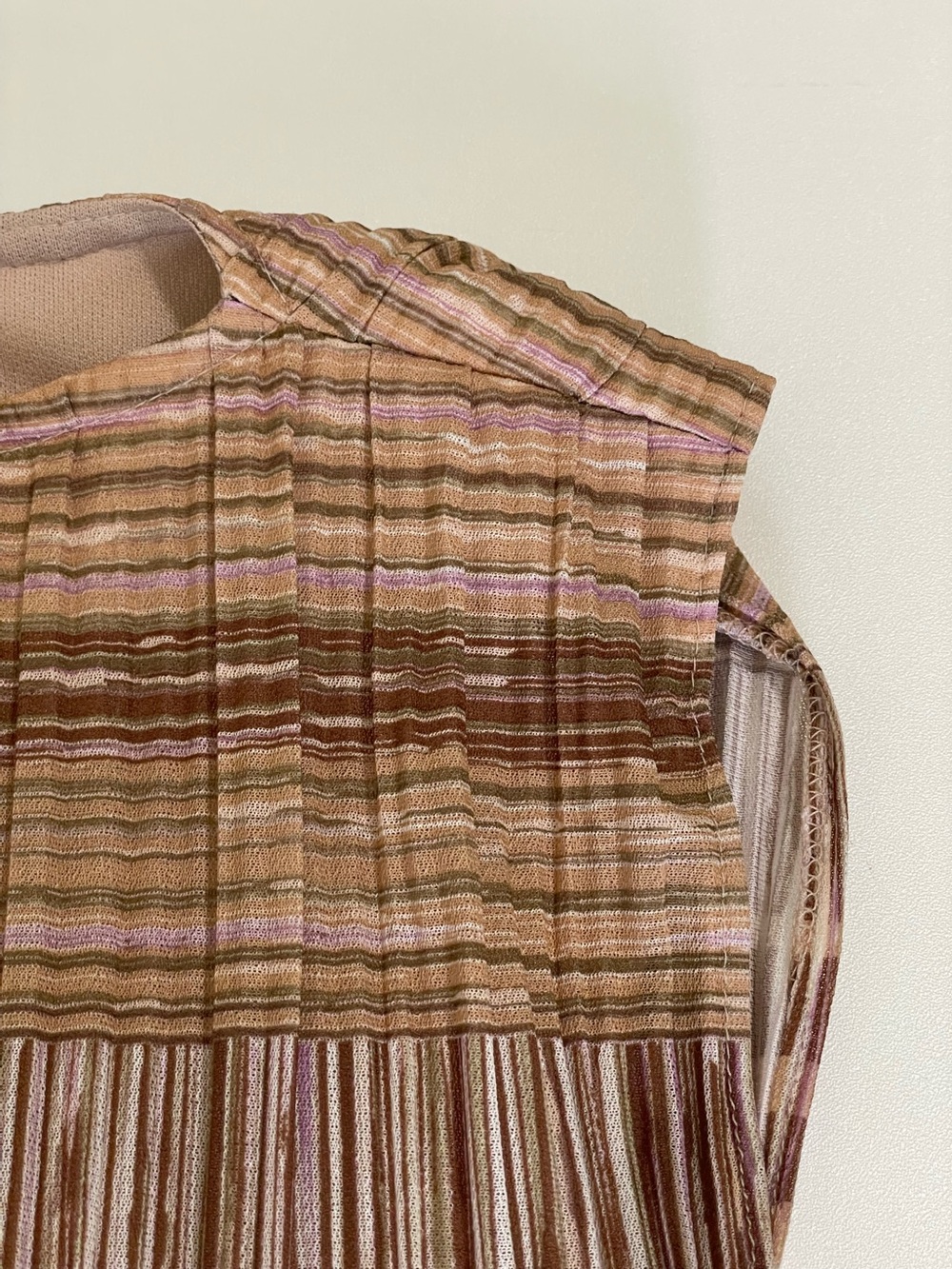 Vintage 70s Sue Brett Neutral Stripe Midi Dress Bateau Neck Cap Sleeve 7/8 Small - Picture 9 of 15